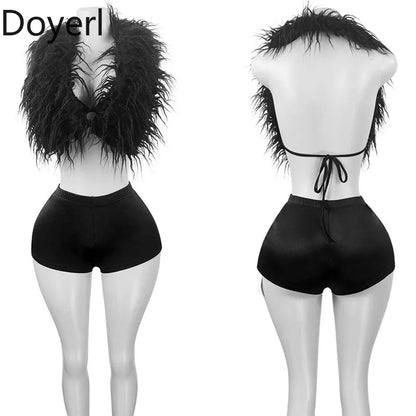 Doyerl Fake Fur Night Out Outfits Women Two Piece Set Sexy Club Halter Lace-up Crop Top and Shorts Birthday Ensemble Short Femme