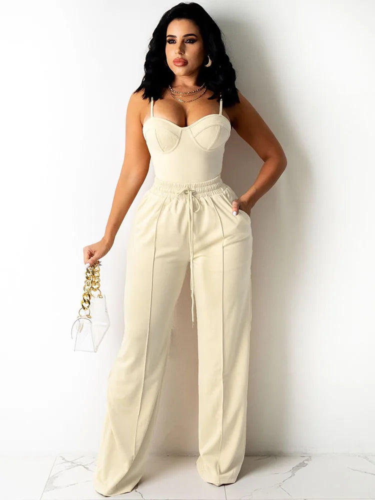 Doyerl Solid Elegant 2 Piece Set Woman Clothing Spaghetti Strap Strapless Top and Drawstring Wide Leg Pants Matching Sets Outfit