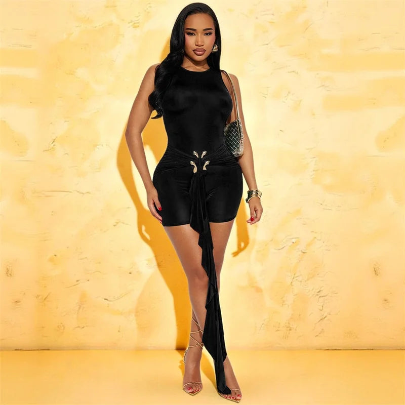 Doyerl Elegant Bodycon Playsuits Woman Romper Club Wear Party Skinny Metal Ring Button Ruched Jumpsuit with Ribbon Combishort