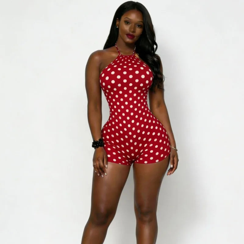Doyerl Polka Dot Women's Jumpsuits and Rompers Club Party Halter Lace-up Backless Skinny Slim Bodycon Playsuit Combinaison Short