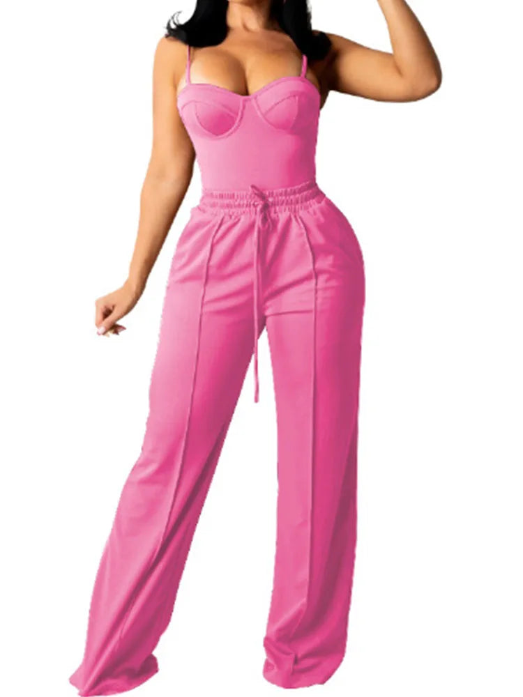 Doyerl Solid Elegant 2 Piece Set Woman Clothing Spaghetti Strap Strapless Top and Drawstring Wide Leg Pants Matching Sets Outfit
