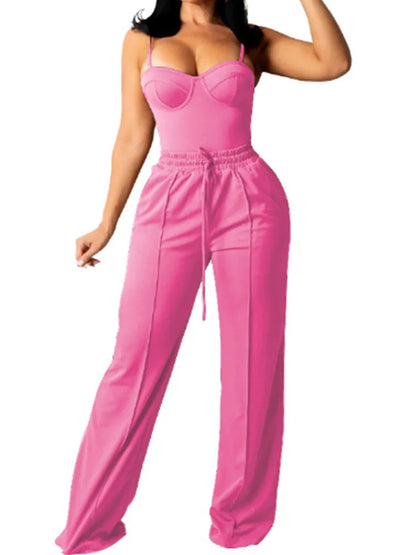 Doyerl Solid Elegant 2 Piece Set Woman Clothing Spaghetti Strap Strapless Top and Drawstring Wide Leg Pants Matching Sets Outfit