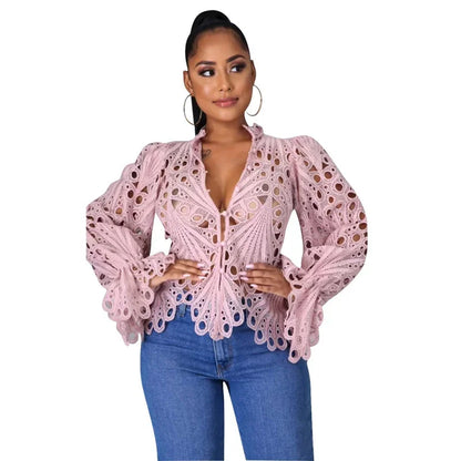 Sexy Hollow Out Floral White Blouses Tops for Woman 2025 Birthday Flare Sleeve Stylish Y2K Club Wear Shirts Blusas Para Mujer