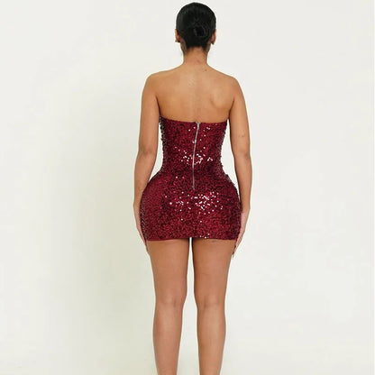 Doyerl Glitter Sequin Dress Woman Birthday Tube Strapless Lace-up Hollow Out Night Club Party Bandage Bodycon Mini Dress Vestido