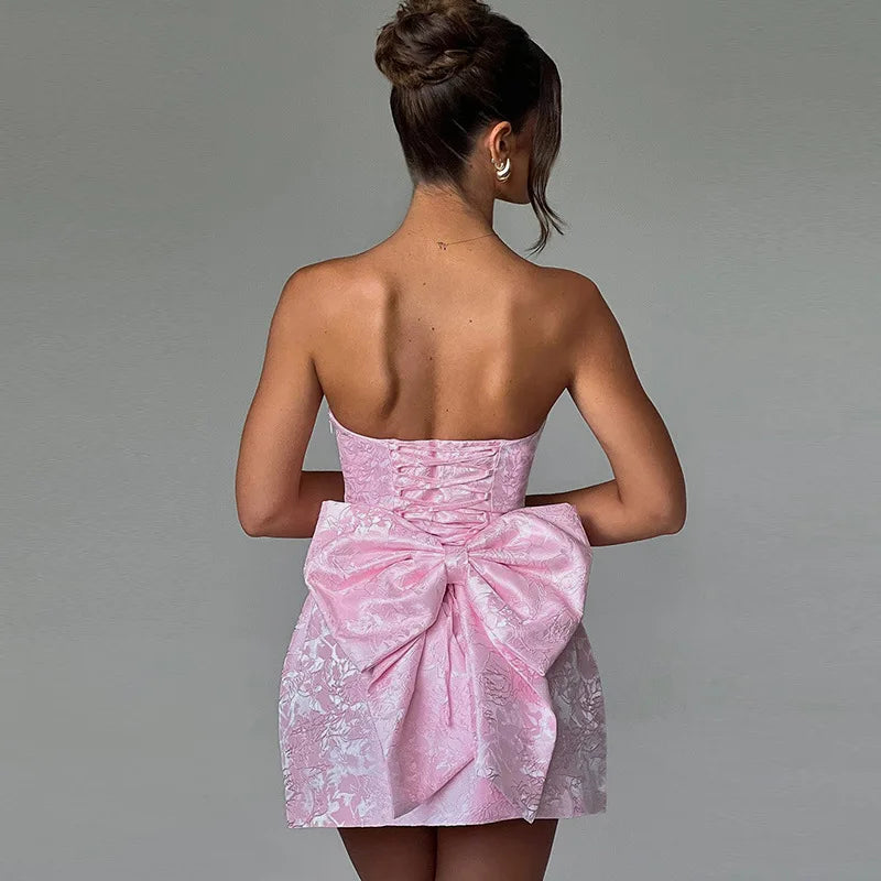 Doyerl Lace-up Bandage Bow Birthday Dresses for Woman Party Club Night Strapless A-line Mini Dress Vestidos De Fiesta Elegantes