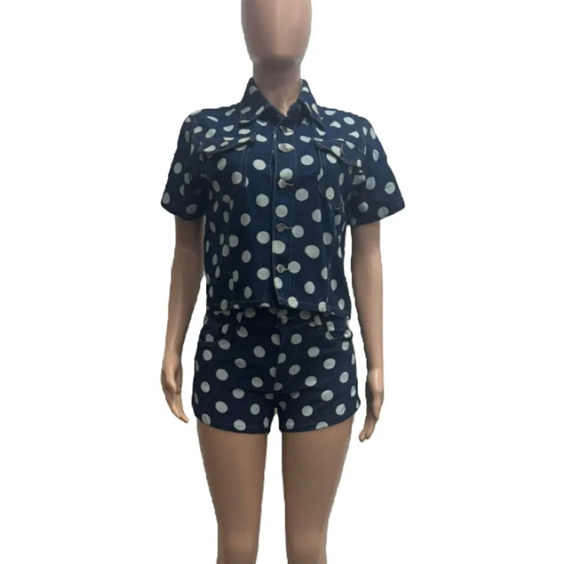 Doyerl Polka Dot Denim 2 Piece Outfits Woman Summer Clothes Button Up Turn-down Collar Shirt Top and Shorts Matching Sets Jeans