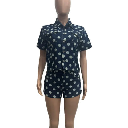Doyerl Polka Dot Denim 2 Piece Outfits Woman Summer Clothes Button Up Turn-down Collar Shirt Top and Shorts Matching Sets Jeans