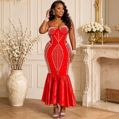 Doyerl Pearls Rhinestones Dinner Evening Dresses Luxury Women Wedding Special Occasions Party Club Prom Mermaid Maxi Dress Robe
