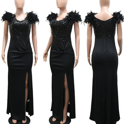 Doyerl Glitter Sequined Wedding Guest Dresses for Woman Elegant Party Evening Feathers Sleeve Split Club Mermaid Prom Dress Robe
