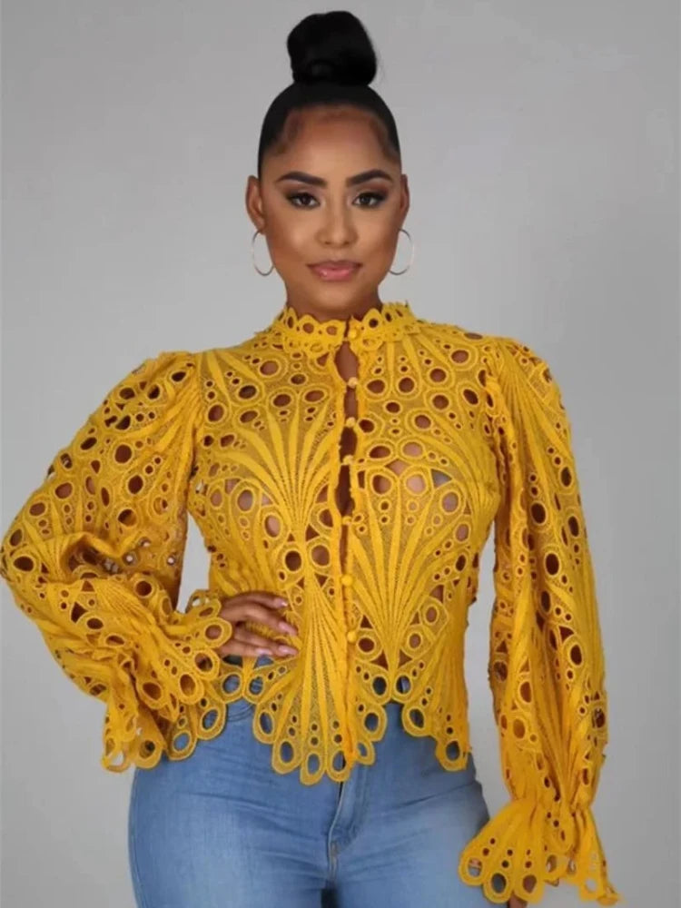 Sexy Hollow Out Floral White Blouses Tops for Woman 2025 Birthday Flare Sleeve Stylish Y2K Club Wear Shirts Blusas Para Mujer