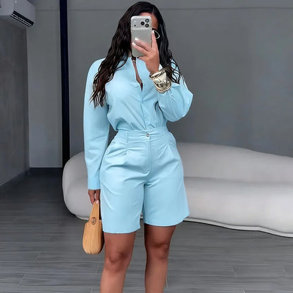 Doyerl Solid Elegant Fashion Two Piece Set Women Clothing Casual Long Sleeve Shirt Top and Shorts Matching Sets Ensembles Femme