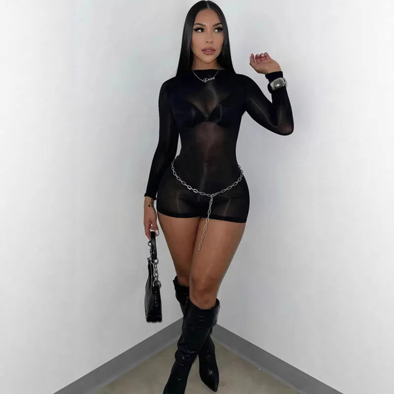 Doyerl Solid Long Sleeve Shorts Romper for Woman Bodysuit Fancy Club Skinny Stretchy Party Night Going Out One Pieces Playsuit