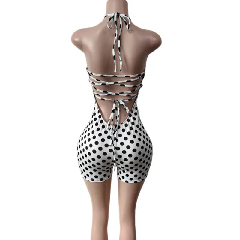 Doyerl Polka Dot Women's Jumpsuits and Rompers Club Party Halter Lace-up Backless Skinny Slim Bodycon Playsuit Combinaison Short