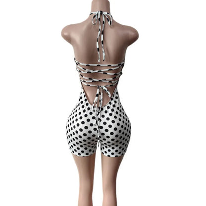 Doyerl Polka Dot Women's Jumpsuits and Rompers Club Party Halter Lace-up Backless Skinny Slim Bodycon Playsuit Combinaison Short