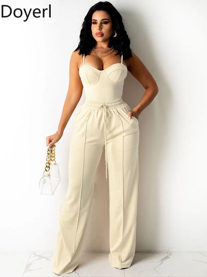 Doyerl Solid Elegant 2 Piece Set Woman Clothing Spaghetti Strap Strapless Top and Drawstring Wide Leg Pants Matching Sets Outfit