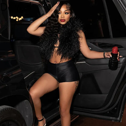 Doyerl Fake Fur Night Out Outfits Women Two Piece Set Sexy Club Halter Lace-up Crop Top and Shorts Birthday Ensemble Short Femme