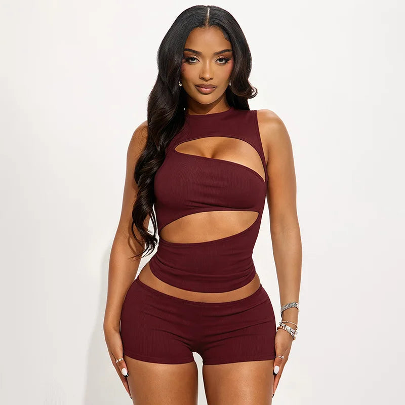 Sexy Hollow Out Clubbing Woman Outfit Sets 2 Piece Rave Festival Clothing Party Knit Top and Shorts Matching Set Conjunto Verano