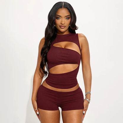 Sexy Hollow Out Clubbing Woman Outfit Sets 2 Piece Rave Festival Clothing Party Knit Top and Shorts Matching Set Conjunto Verano