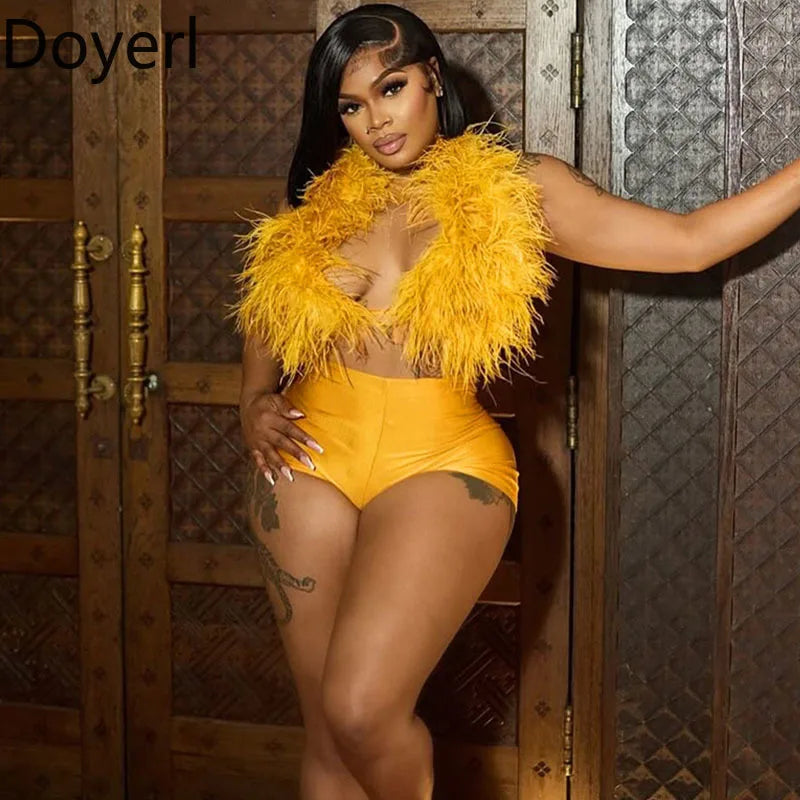 Doyerl Fake Fur Night Out Outfits Women Two Piece Set Sexy Club Halter Lace-up Crop Top and Shorts Birthday Ensemble Short Femme