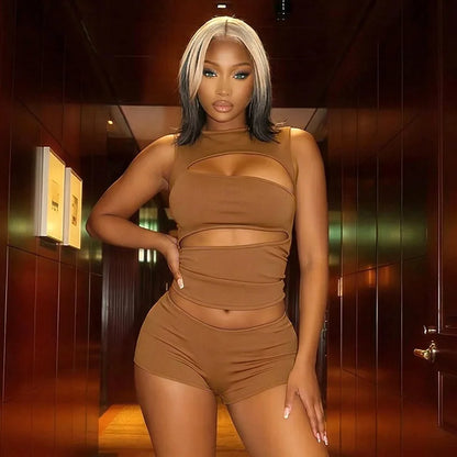 Sexy Hollow Out Clubbing Woman Outfit Sets 2 Piece Rave Festival Clothing Party Knit Top and Shorts Matching Set Conjunto Verano
