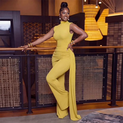 2026 Chic Solid 2 Piece Sets Woman Outfits Elegant Club Party Ruched Ribbon Sleeveless Top and Flare Pants New in Matching Sets