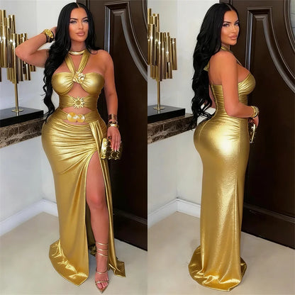 Doyerl Elegant Birthday Dresses for Woman Evening Nightclub Party Halter Strapless Hollow Out Ruched High Split Maxi Dress Robe