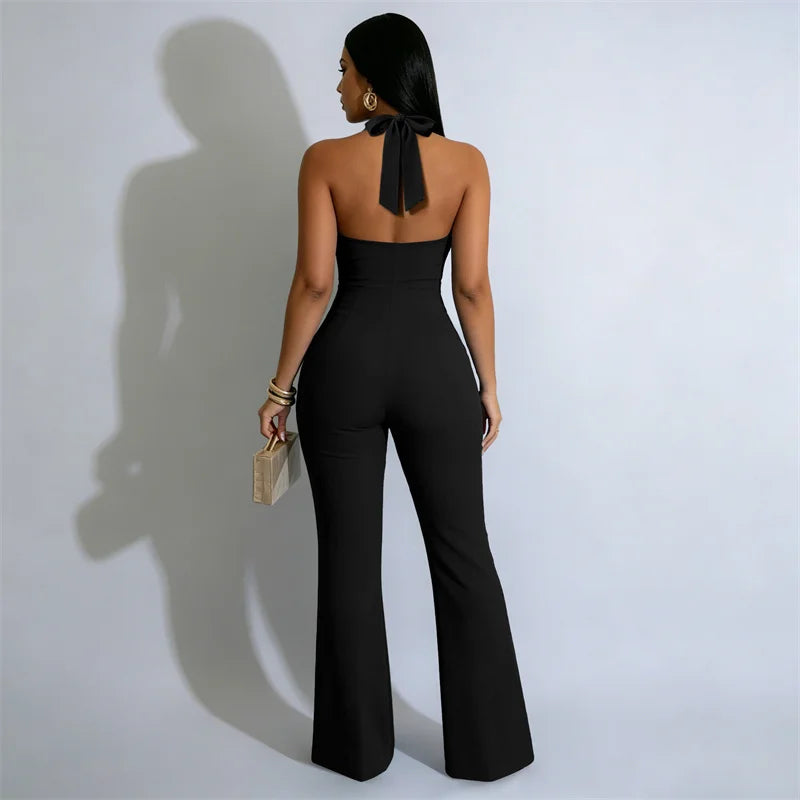 Doyerl Solid Elegant One Piece Outfits Woman Jumpsuit Classy Party Club Single-breasted Button Halter V-neck Backless Romper