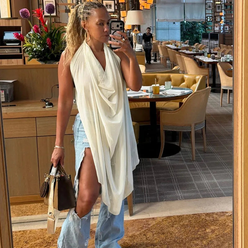Doyerl Solid Chiffon Shirts & Blouses Woman Tops Y2K Halter V-neck Sleeveless Backless Lace-up Club Party Blusas De Mujeres