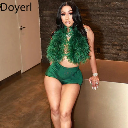 Doyerl Fake Fur Night Out Outfits Women Two Piece Set Sexy Club Halter Lace-up Crop Top and Shorts Birthday Ensemble Short Femme
