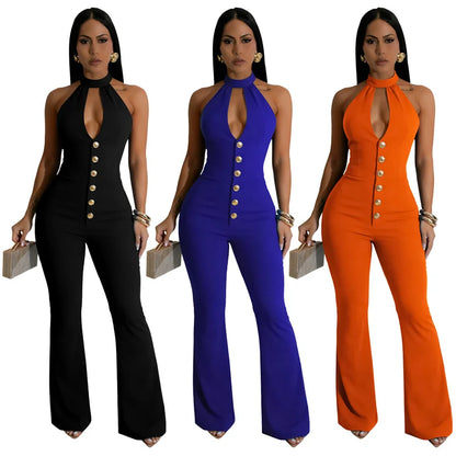Sexy Halter Backless Women's Jumpsuits and Rompers Sleeveless Hollow Out Single-breasted Skinny Party Overalls Club Outfits
