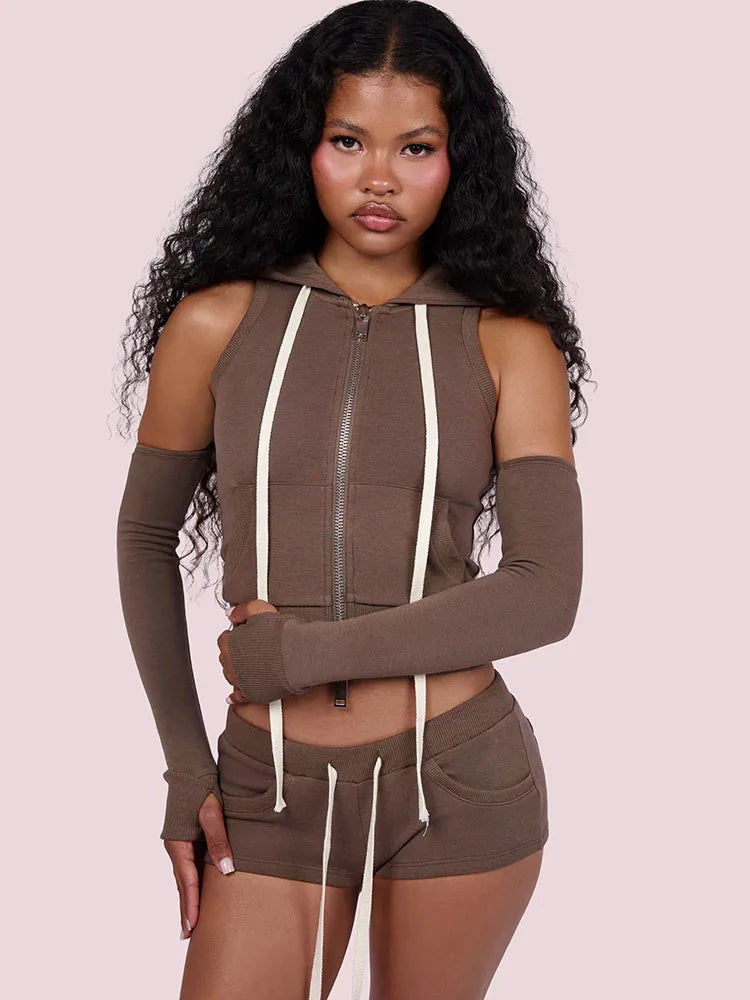 Doyerl Casual Sweat Suit Woman Clothing 2 Piece Sets Active Wear Zipper Hooded Top and Shorts Casual Outfits Ensemble Sport
