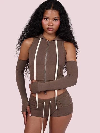 Doyerl Casual Sweat Suit Woman Clothing 2 Piece Sets Active Wear Zipper Hooded Top and Shorts Casual Outfits Ensemble Sport