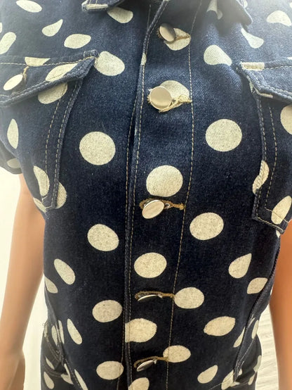 Doyerl Polka Dot Denim 2 Piece Outfits Woman Summer Clothes Button Up Turn-down Collar Shirt Top and Shorts Matching Sets Jeans