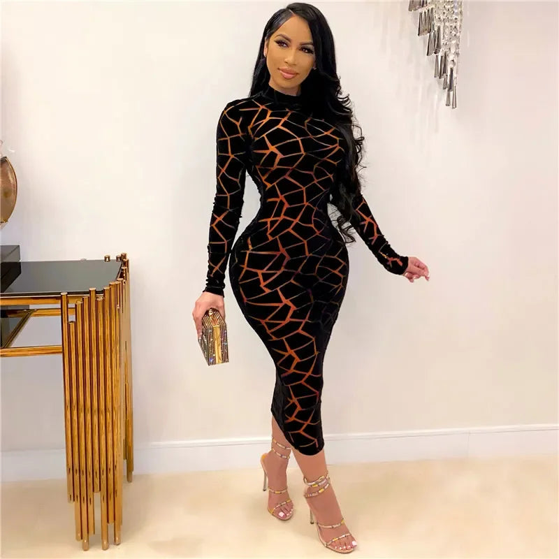 Sexy Sheer Mesh Patchwork Long Sleeve Bodycon Dress Women Night Club Party Plaid Stretchy Slim Midi Dresses Vestidos Para Mujer