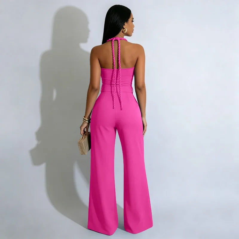 Sexy Halter Backless Overalls for Woman Jumpsuit Rave Festival Clothing Hollow Out Sleeveless Night Out Club Party Romper Belt