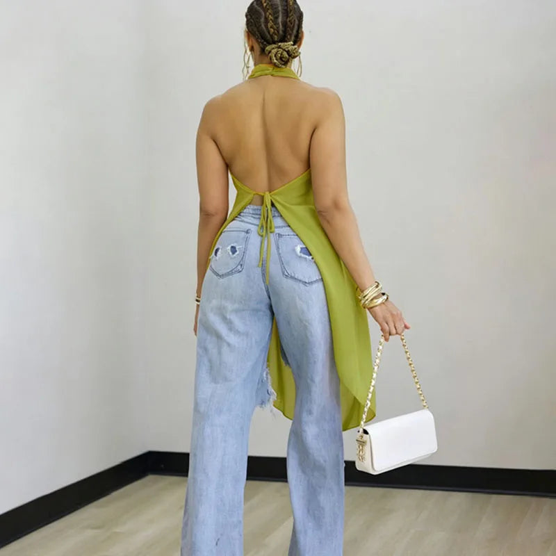 Doyerl Solid Chiffon Shirts & Blouses Woman Tops Y2K Halter V-neck Sleeveless Backless Lace-up Club Party Blusas De Mujeres