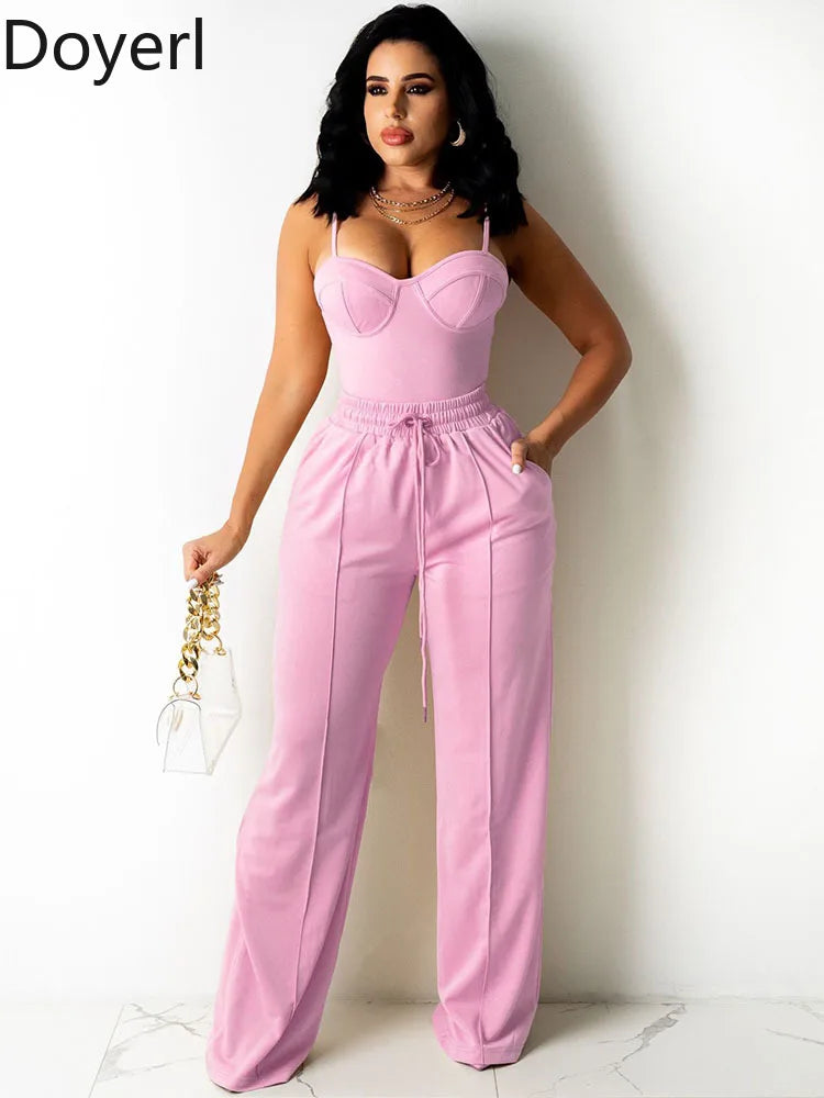 Doyerl Solid Elegant 2 Piece Set Woman Clothing Spaghetti Strap Strapless Top and Drawstring Wide Leg Pants Matching Sets Outfit