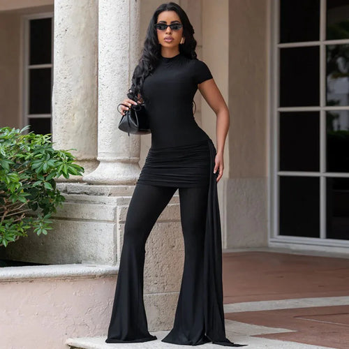 Doyerl Club Party Elegant Jumpsuit Woman Flare Pants Stretchy Slim Short Sleeve Ruched One Piece Rompers Mono Mujer Elegantes