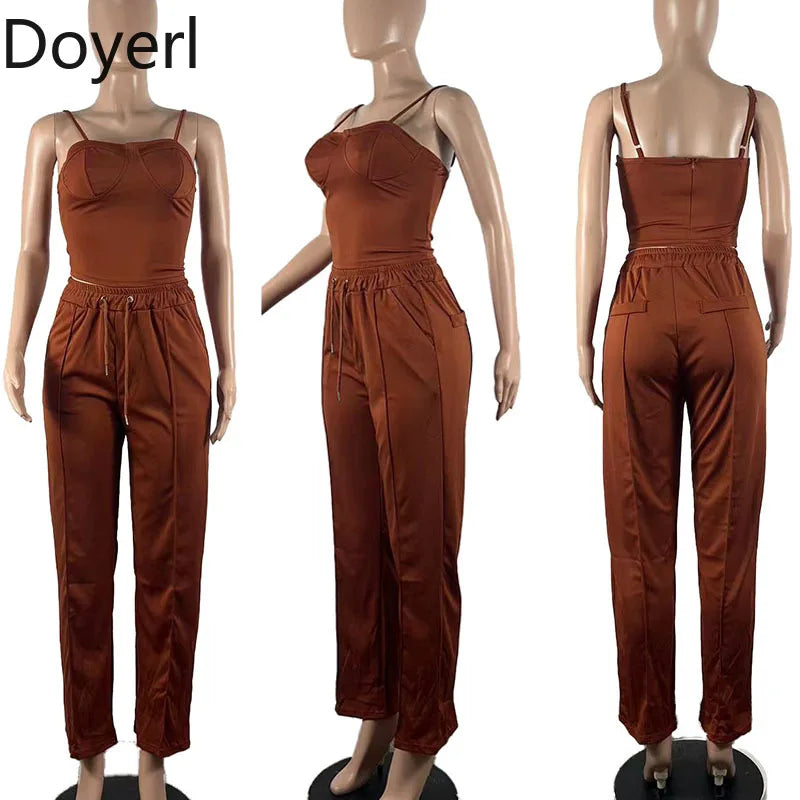 Doyerl Solid Elegant 2 Piece Set Woman Clothing Spaghetti Strap Strapless Top and Drawstring Wide Leg Pants Matching Sets Outfit