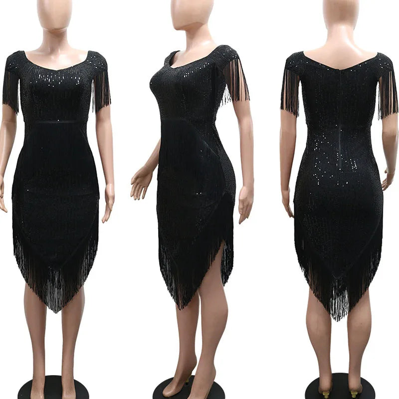 Doyerl Glitter Sequined Wedding Guest Dresses 2026 Woman Luxury Evening Party Club Night Out Tassel Hem Prom Bodycon Midi Dress
