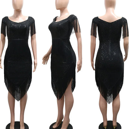 Doyerl Glitter Sequined Wedding Guest Dresses 2026 Woman Luxury Evening Party Club Night Out Tassel Hem Prom Bodycon Midi Dress