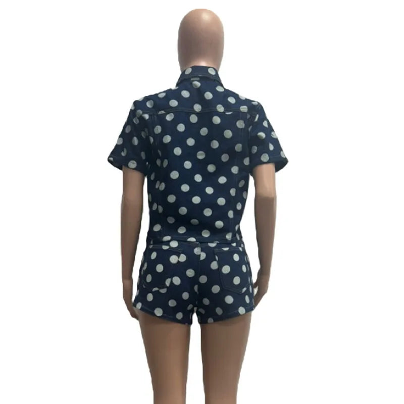 Doyerl Polka Dot Denim 2 Piece Outfits Woman Summer Clothes Button Up Turn-down Collar Shirt Top and Shorts Matching Sets Jeans