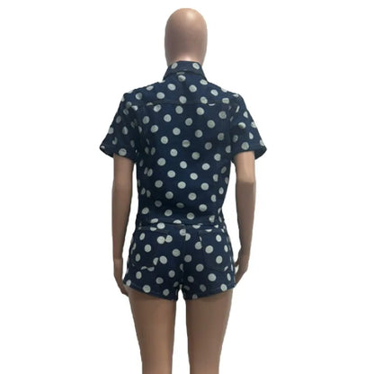 Doyerl Polka Dot Denim 2 Piece Outfits Woman Summer Clothes Button Up Turn-down Collar Shirt Top and Shorts Matching Sets Jeans