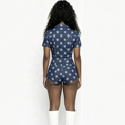 Doyerl Polka Dot Denim 2 Piece Outfits Woman Summer Clothes Button Up Turn-down Collar Shirt Top and Shorts Matching Sets Jeans