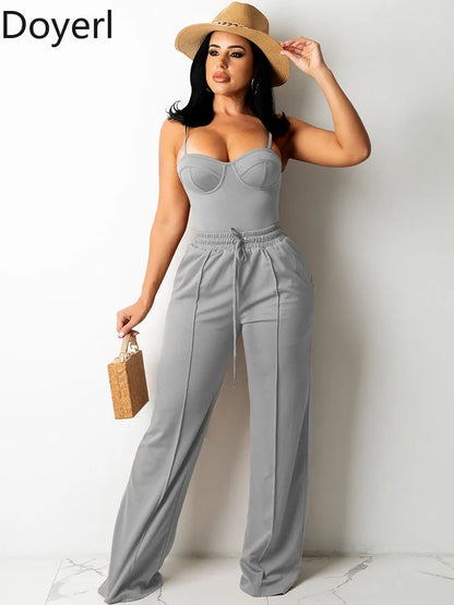 Doyerl Solid Elegant 2 Piece Set Woman Clothing Spaghetti Strap Strapless Top and Drawstring Wide Leg Pants Matching Sets Outfit