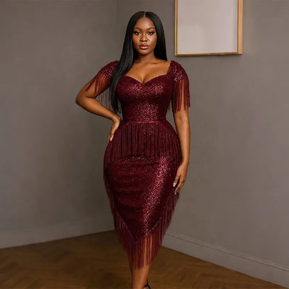 Doyerl Glitter Sequined Wedding Guest Dresses 2026 Woman Luxury Evening Party Club Night Out Tassel Hem Prom Bodycon Midi Dress