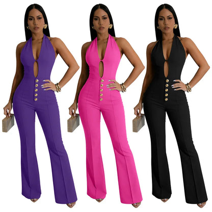 Doyerl Solid Elegant One Piece Outfits Woman Jumpsuit Classy Party Club Single-breasted Button Halter V-neck Backless Romper