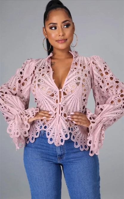 Sexy Hollow Out Floral White Blouses Tops for Woman 2025 Birthday Flare Sleeve Stylish Y2K Club Wear Shirts Blusas Para Mujer