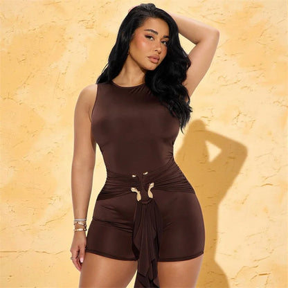 Doyerl Elegant Bodycon Playsuits Woman Romper Club Wear Party Skinny Metal Ring Button Ruched Jumpsuit with Ribbon Combishort