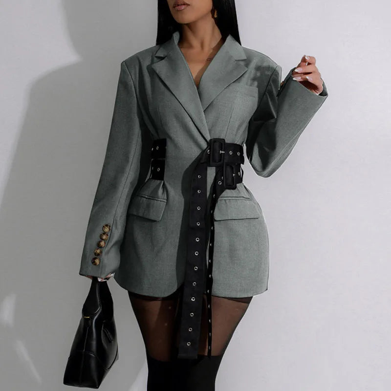 Doyerl Winter Trendy Elegant Blazer Women Y2K Clothing Notched Collar Ladies Outerwears Stylish Coats with Belt Blazers Feminino